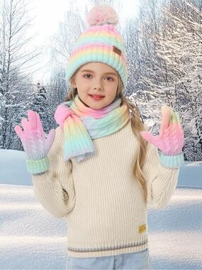 Brand New! Kids Rainbow Pastel Knit 🧶 Beanie, Scarf & Mittens Set